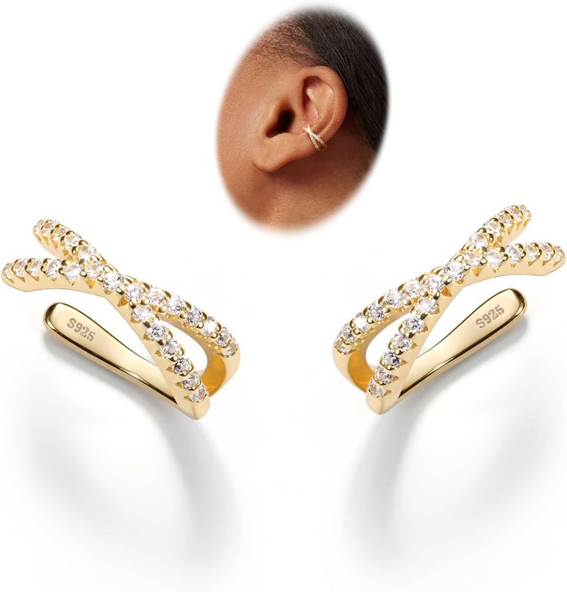 Krfy 2Pcs Adjustable Ear Cuff S925 Sterling Silver Ear Cuffs Non Piercing Cuff Earrings for Women 5A Cubic Zirconia Clip On Cartilage Helix Conch Fake Earrings Hypoallergenic - Image 1